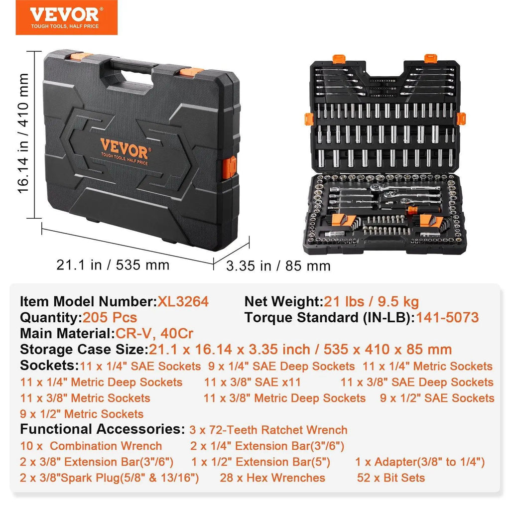 VEVOR Mechanics Tool Set, 205 Pcs 1/4" 3/8" 1/2" Drive Deep and Standard Sockets, SAE and Metric Mechanic Tool Kit with Bits, Combination Wrench, Hex Wrenches, Accessories, Storage Case VEVOR Super Brand Day