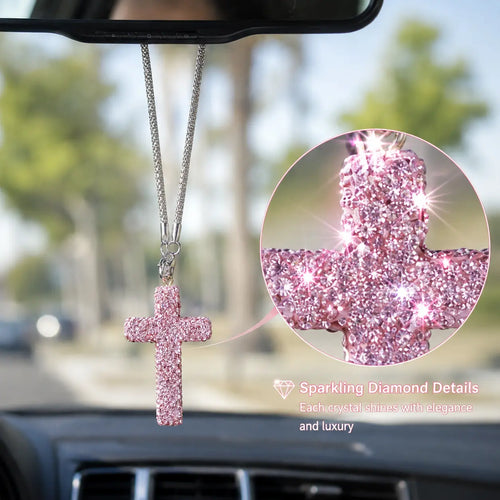 Bling Cross Car Hanging Ornament – Rhinestone Stainless Steel Rearview Mirror Pendant, Car Interior Decoration Accessory for Women & Men