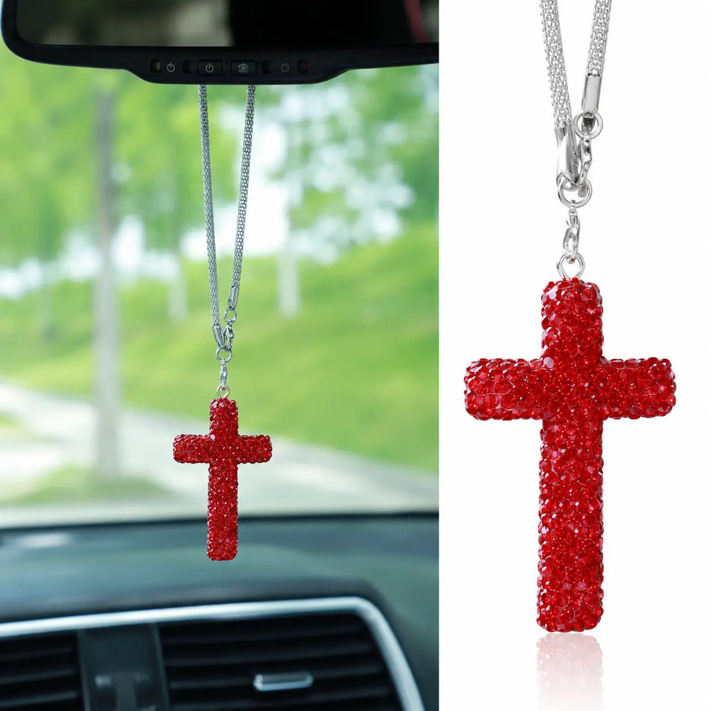 Bling Cross Car Hanging Ornament – Rhinestone Stainless Steel Rearview Mirror Pendant, Car Interior Decoration Accessory for Women & Men