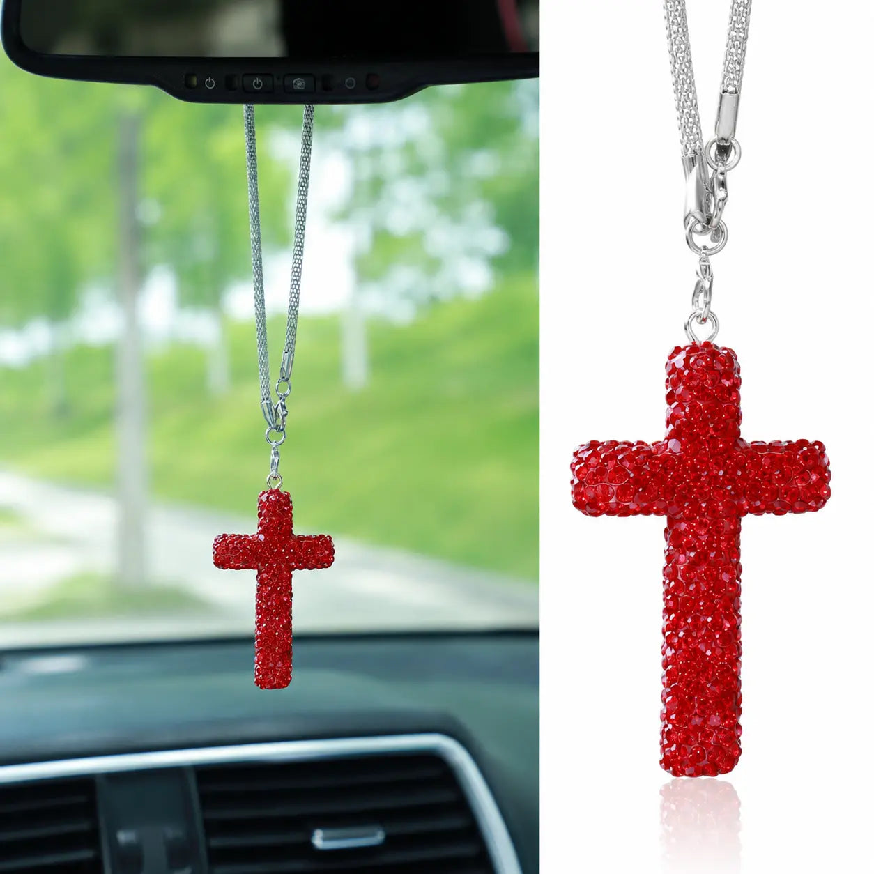 Bling Cross Car Hanging Ornament – Rhinestone Stainless Steel Rearview Mirror Pendant, Car Interior Decoration Accessory for Women & Men