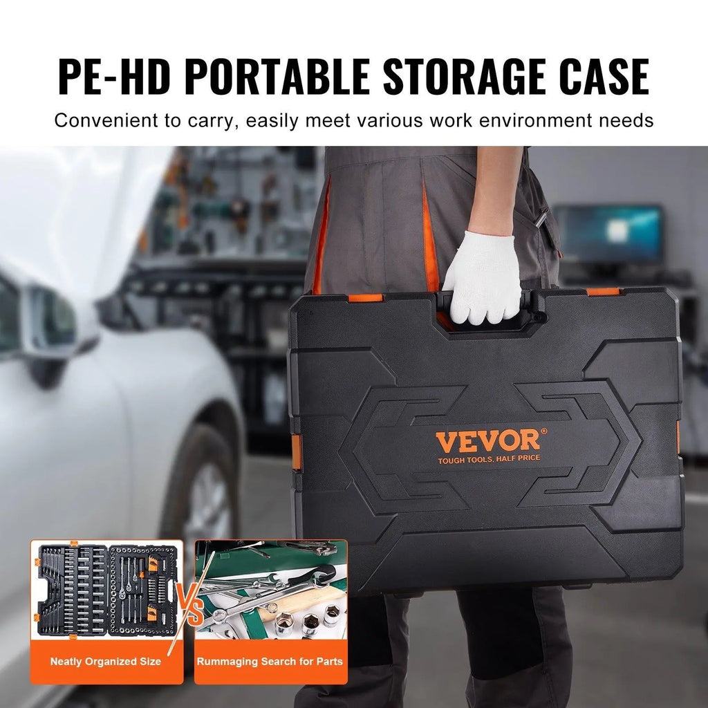 VEVOR Mechanics Tool Set, 205 Pcs 1/4" 3/8" 1/2" Drive Deep and Standard Sockets, SAE and Metric Mechanic Tool Kit with Bits, Combination Wrench, Hex Wrenches, Accessories, Storage Case VEVOR Super Brand Day