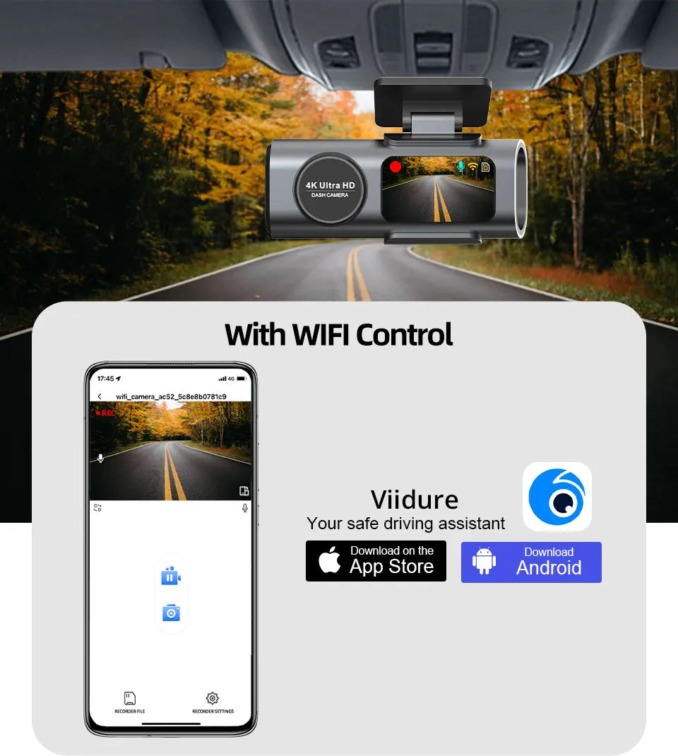 Dash Cam 4K UHD with Built-In Wi-Fi Support GPS 24H Parking