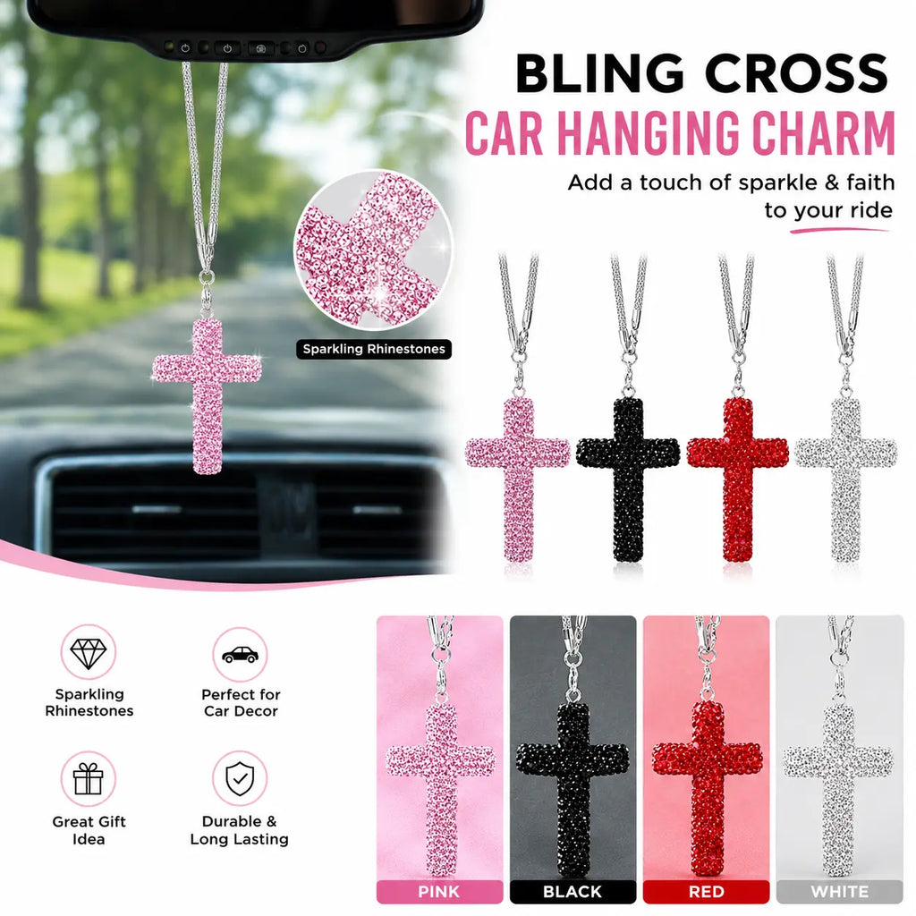 Bling Cross Car Hanging Ornament – Rhinestone Stainless Steel Rearview Mirror Pendant, Car Interior Decoration Accessory for Women & Men