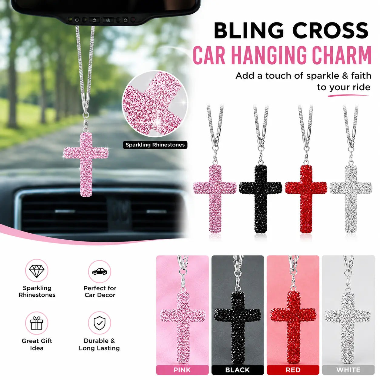 Bling Cross Car Hanging Ornament – Rhinestone Stainless Steel Rearview Mirror Pendant, Car Interior Decoration Accessory for Women & Men