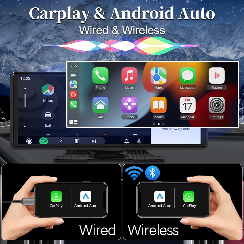 Portable Wireless Carplay and Android Auto Touch Screen Mirror 7/9/10.26"
