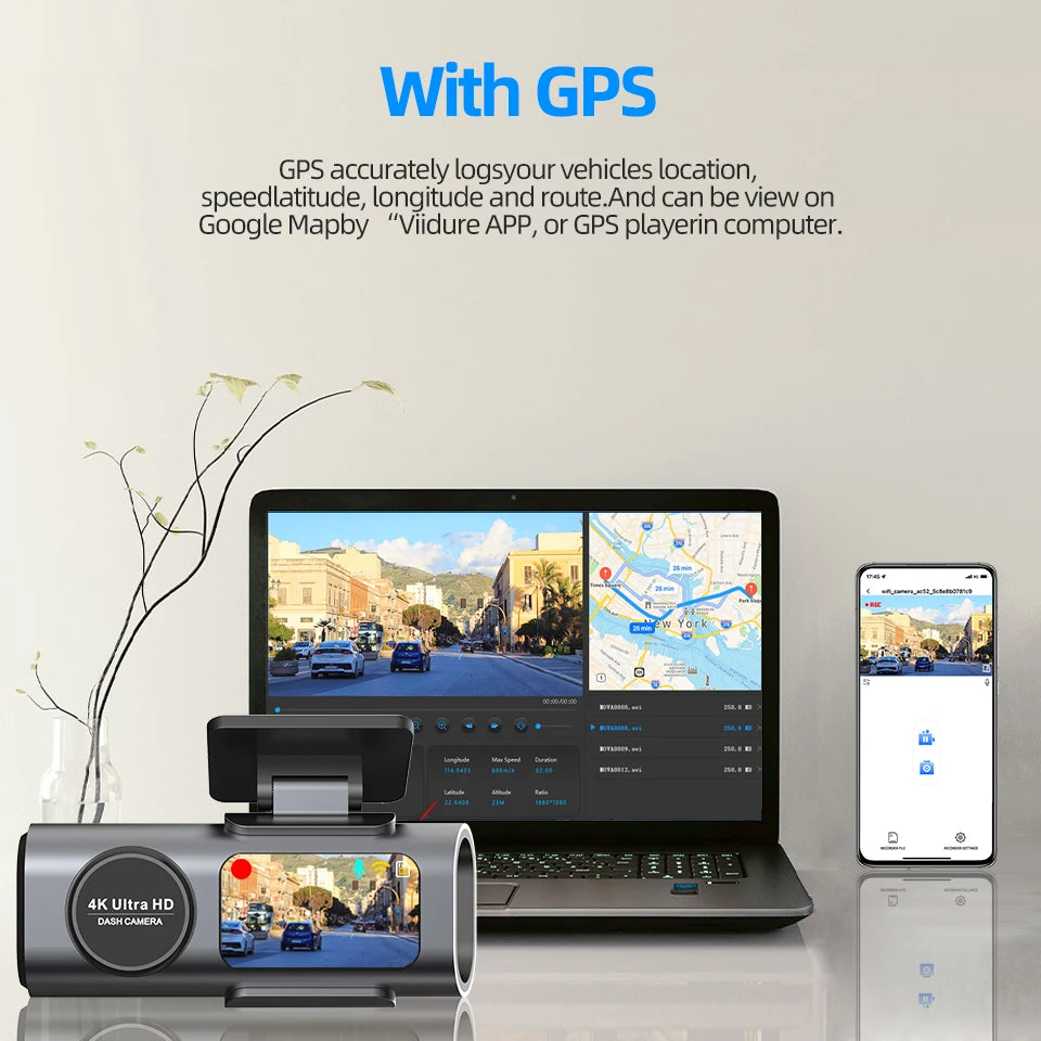 Dash Cam 4K UHD with Built-In Wi-Fi Support GPS 24H Parking