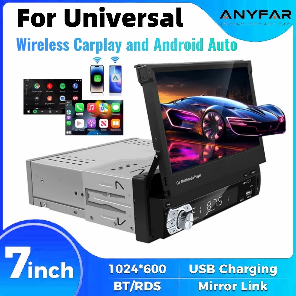 Universal 7" Flip Out Car Stereo with Wireless Carplay and Android Auto