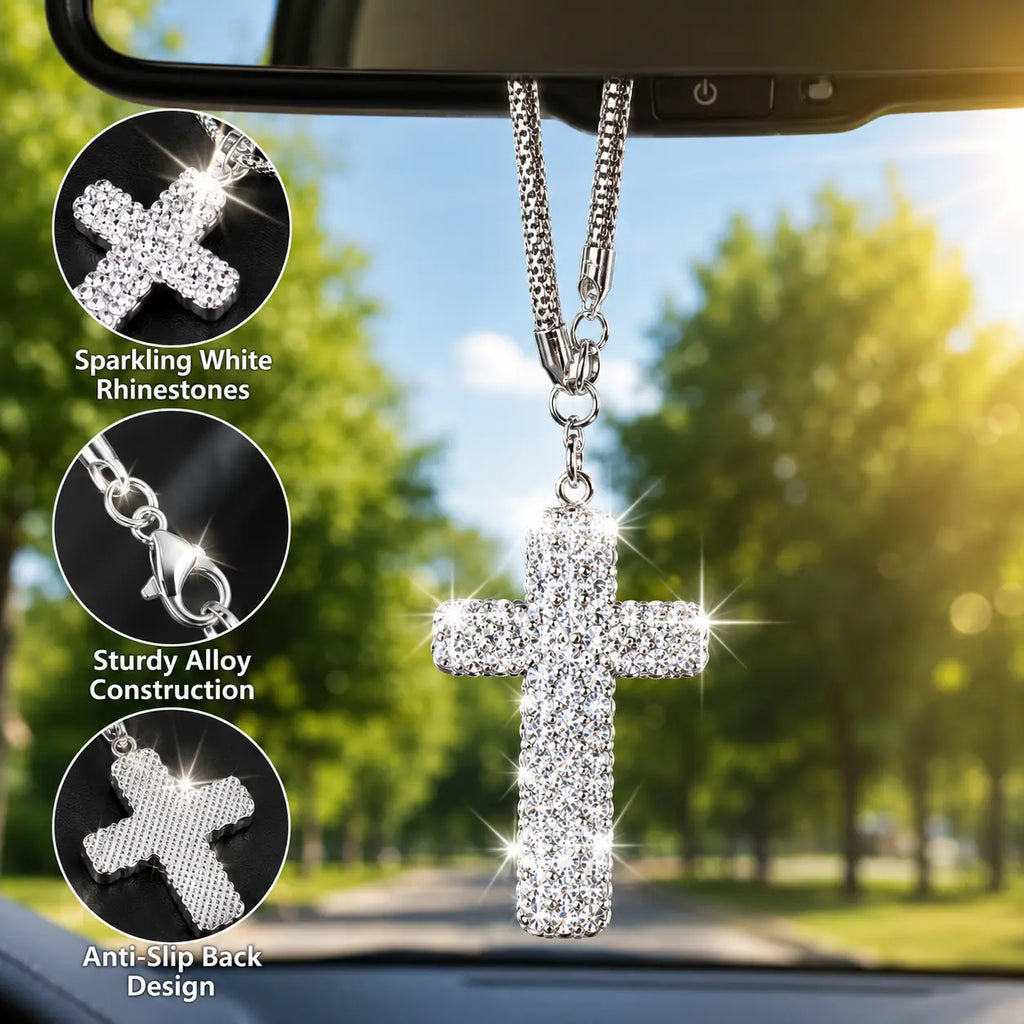 Bling Cross Car Hanging Ornament – Rhinestone Stainless Steel Rearview Mirror Pendant, Car Interior Decoration Accessory for Women & Men