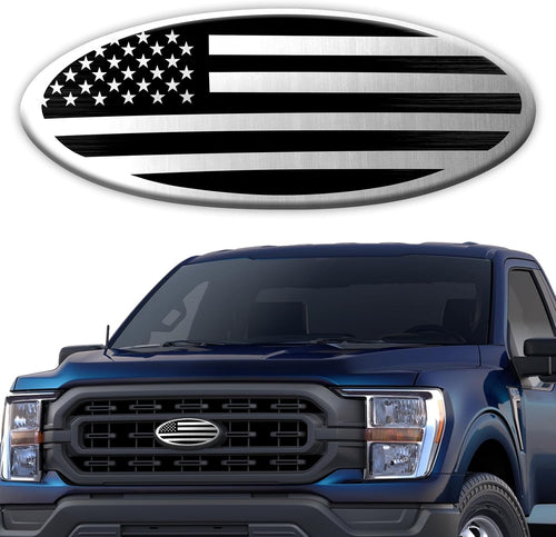Ford F150 F250 F350 Silver American Flag Tailgate Emblem - 9 Inch Aluminum Oval Overlay Decal for Front Grill and Rear Tailgate