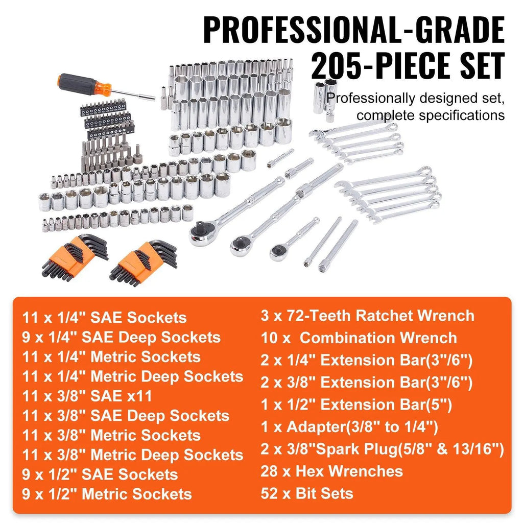 VEVOR Mechanics Tool Set, 205 Pcs 1/4" 3/8" 1/2" Drive Deep and Standard Sockets, SAE and Metric Mechanic Tool Kit with Bits, Combination Wrench, Hex Wrenches, Accessories, Storage Case VEVOR Super Brand Day