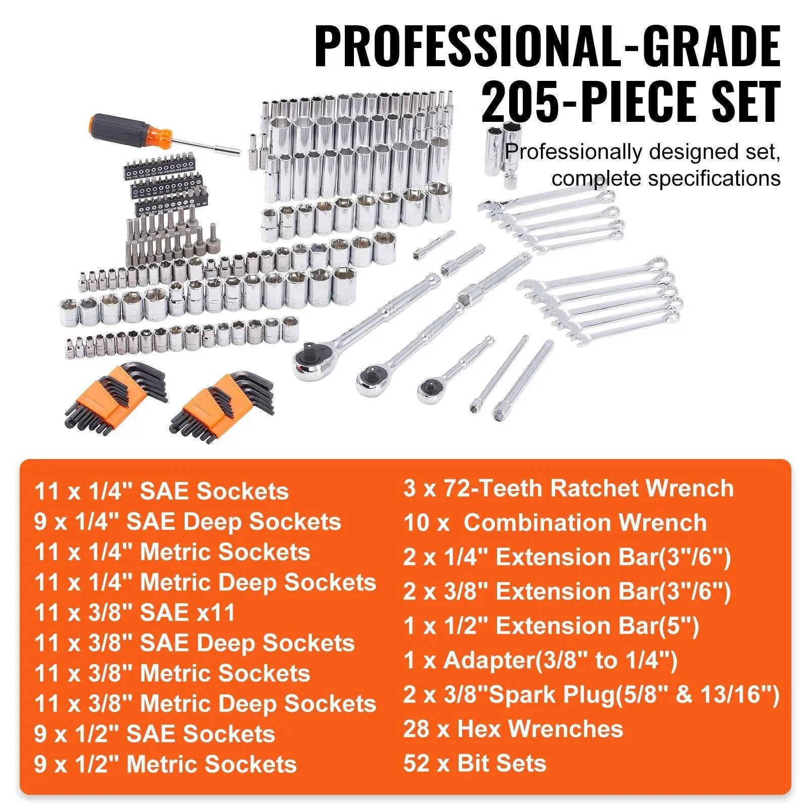 VEVOR Mechanics Tool Set, 205 Pcs 1/4" 3/8" 1/2" Drive Deep and Standard Sockets, SAE and Metric Mechanic Tool Kit with Bits, Combination Wrench, Hex Wrenches, Accessories, Storage Case VEVOR Super Brand Day