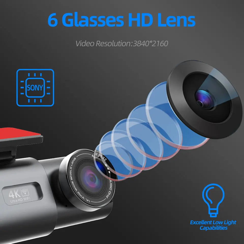 Dash Cam 4K UHD with Built-In Wi-Fi Support GPS 24H Parking