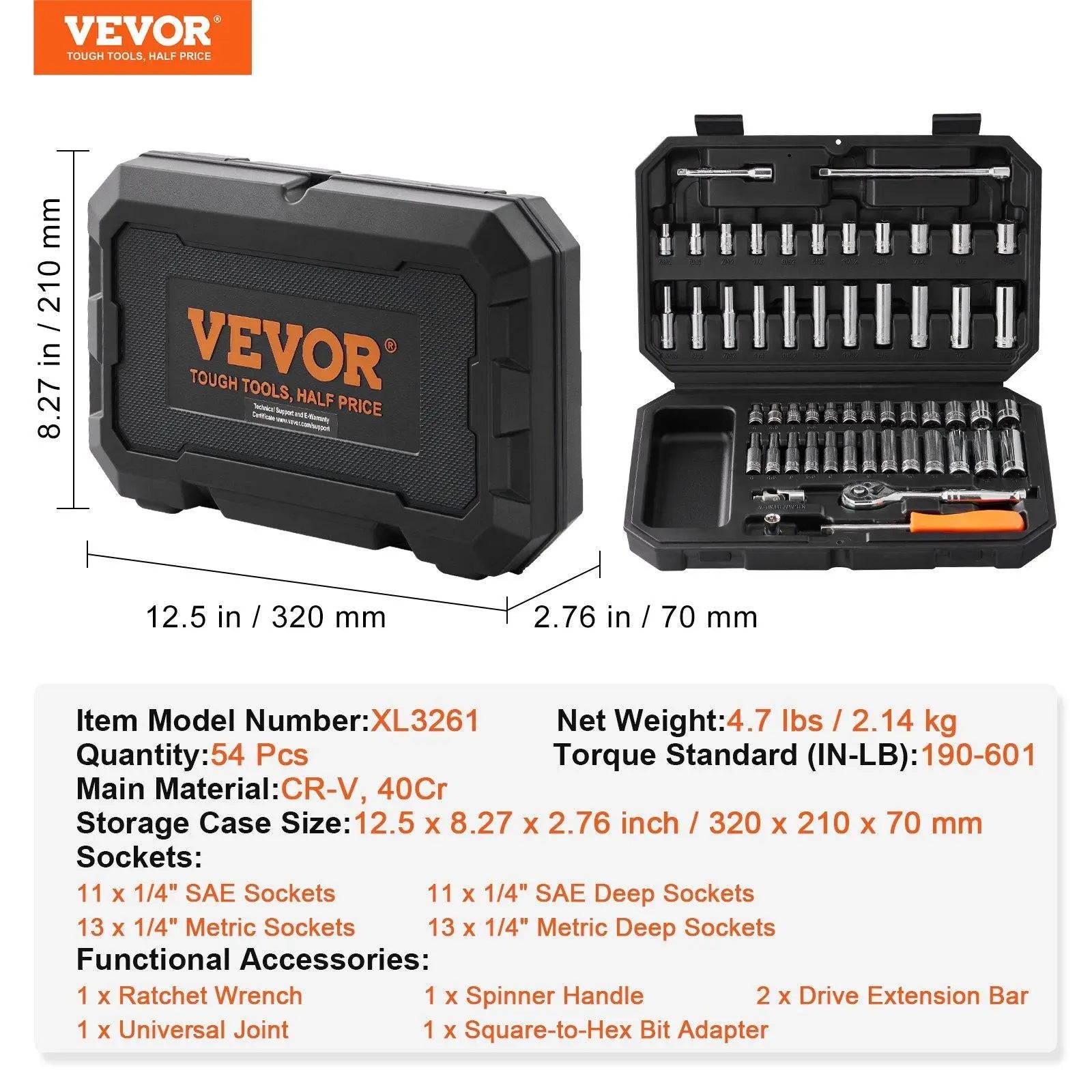 VEVOR Mechanics Tool Set, 205 Pcs 1/4" 3/8" 1/2" Drive Deep and Standard Sockets, SAE and Metric Mechanic Tool Kit with Bits, Combination Wrench, Hex Wrenches, Accessories, Storage Case VEVOR Super Brand Day