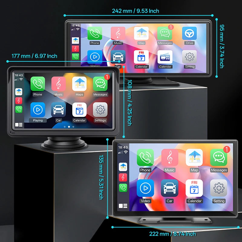 Portable Wireless Carplay and Android Auto Touch Screen Mirror 7/9/10.26"